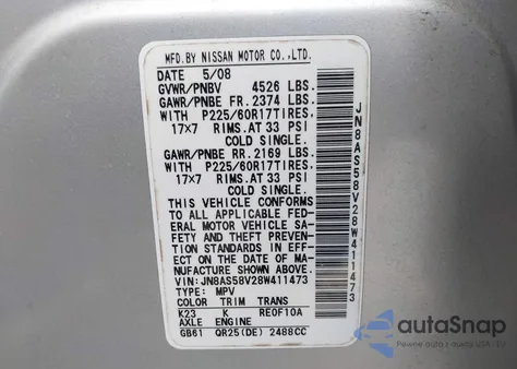 2008 Nissan Rogue Sl z USA, uszkodzony, nr VIN JN8AS58V28W411473